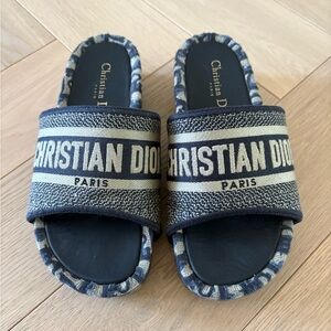 Christian Dior Dway Platform Slides Blue Oblique Embroidered Sandals Sz 37 US 7